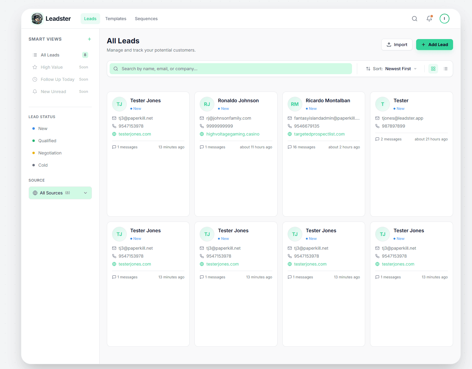 Leadster Dashboard - All Leads View